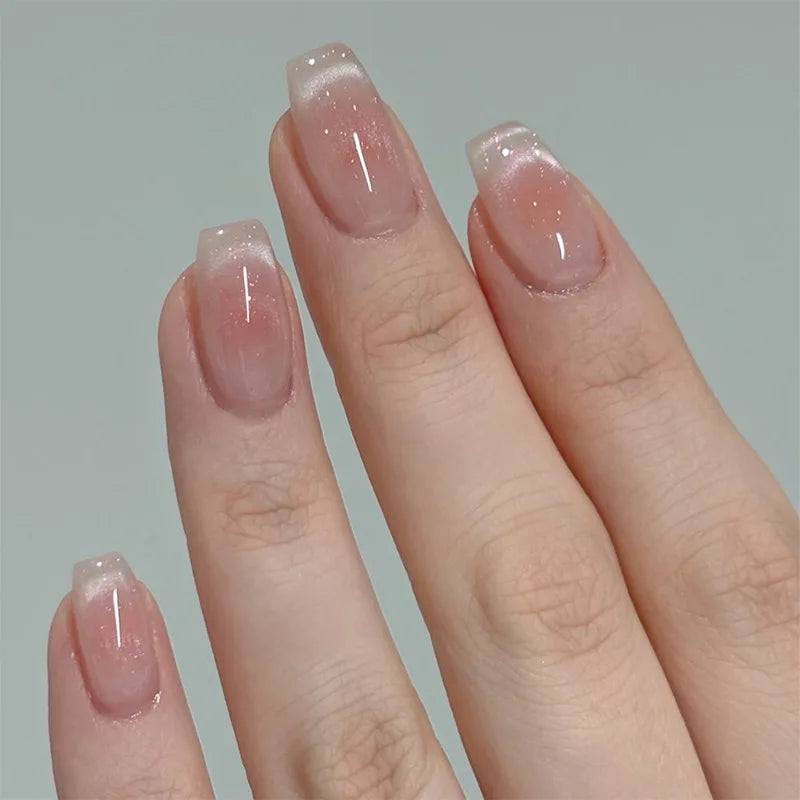 24Pcs Short False Nails Press on Nails Solid Color Cat Eye Design with Jelly Glue Square False Nail Wearable Acrylic Manicure