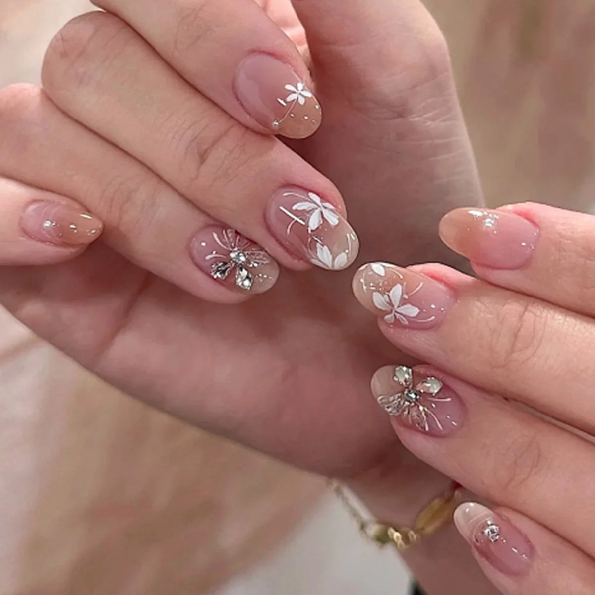 24pcs Bow False Nails Sets Press on Pink French Valentine’s Day Long Almond Nails Art Reusable Love Rhinestone Design Fake Nail
