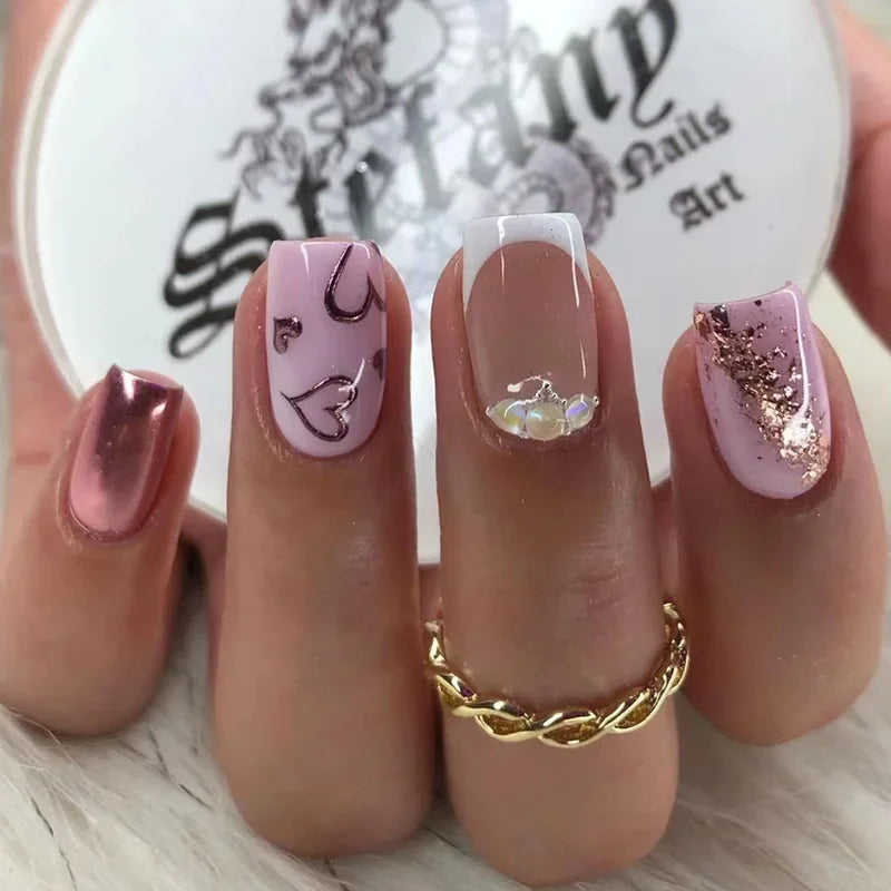 24Pcs Short French Wearable Fake Nails with Glue Simple Stripe Nail Art Full Cover Ballerina Fashion Press on Nail Manicure Tips