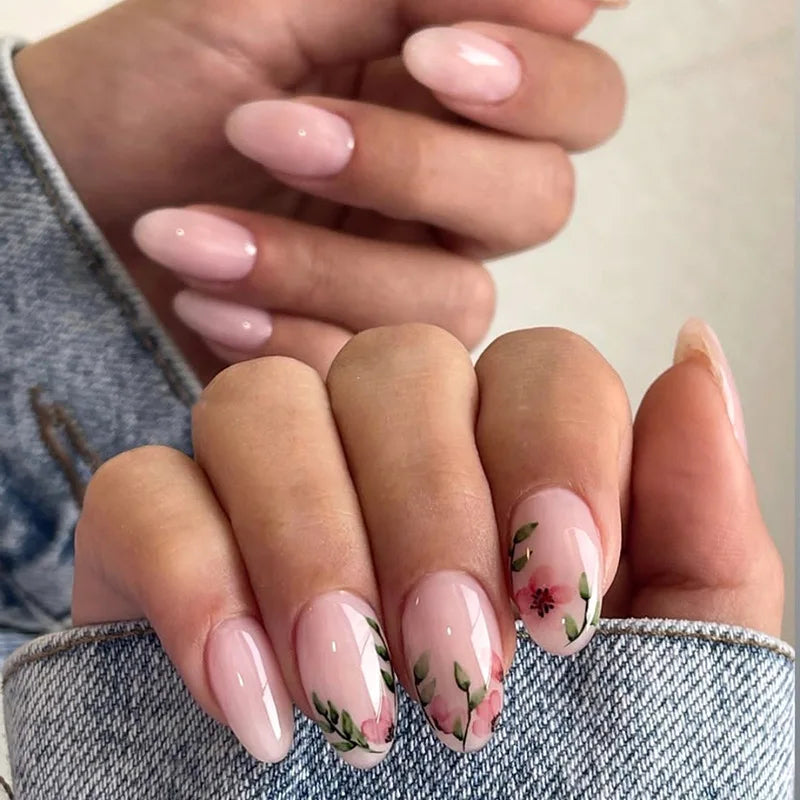 24pcs Glitter Short Almond False Nails Pink Aurora Ellipse Fake Nails Press on Nails DIY Manicure Detachable Full Cover Nail Tip