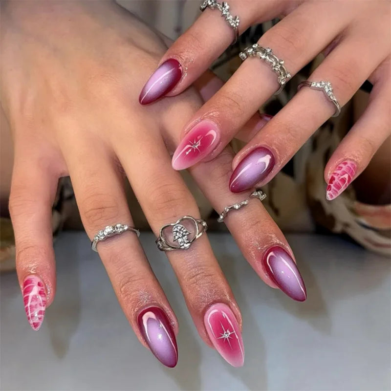 24pcs Cute Flower Petals Press on Nails Short Almond French Gel False Nails Golden Lines Stick on Fake Nails for Sweet Cool Girl