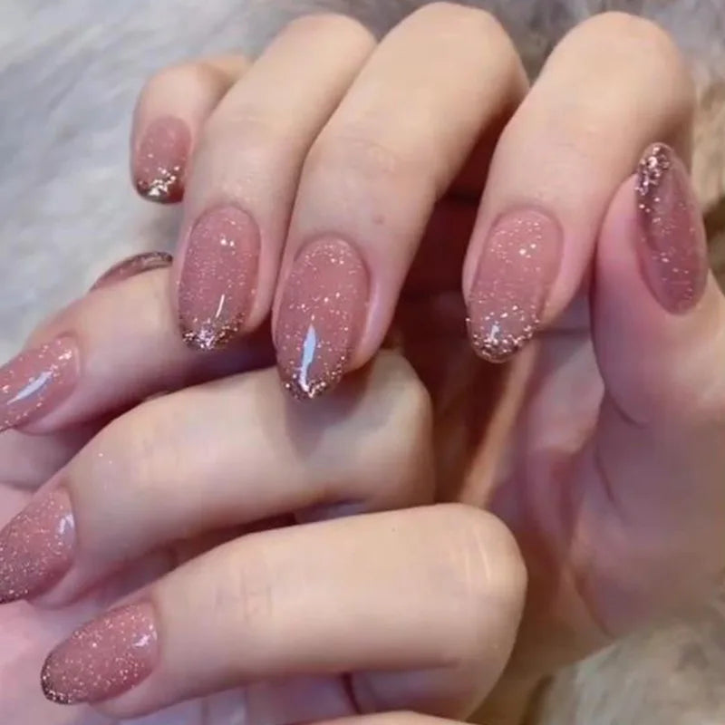 24pcs Glitter Short Almond False Nails Pink Aurora Ellipse Fake Nails Press on Nails DIY Manicure Detachable Full Cover Nail Tip