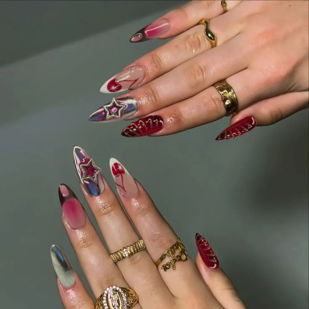 24pcs Manicure Long Almond False Nails French Simple Press on Nails Cherry Color Detachable Fake Nials DIY