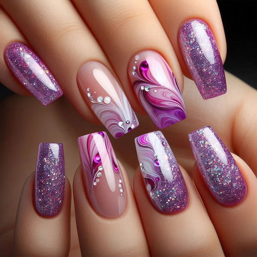 Purple Nails Press on Glitter
