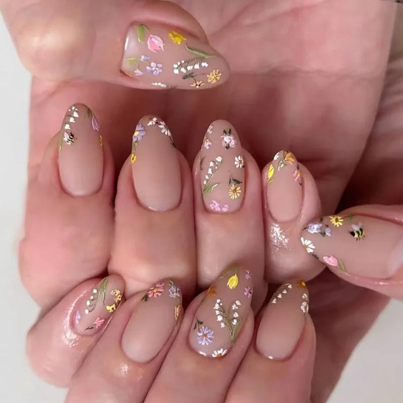 24pcs Bow False Nails Sets Press on Pink French Valentine’s Day Long Almond Nails Art Reusable Love Rhinestone Design Fake Nail
