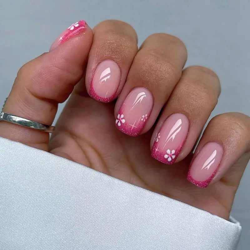 Flowers Gold Glitter Powder Edge White French Nail Art Fashion Wearable Fake Nail Detachable Finished False Nails Press on Nails