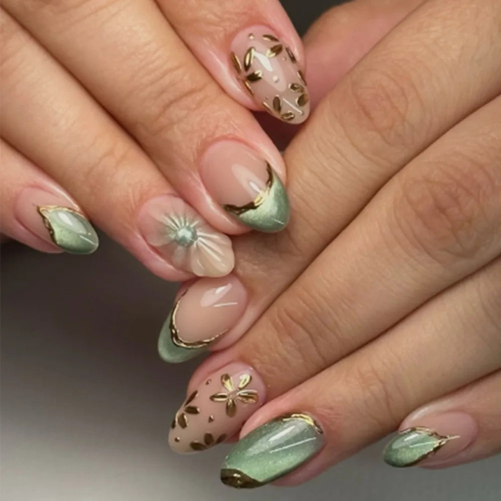 24pcs Manicure Oval False Nails Green French Press on Nails Detachable Cat Eye Flower Nail Tips DIY