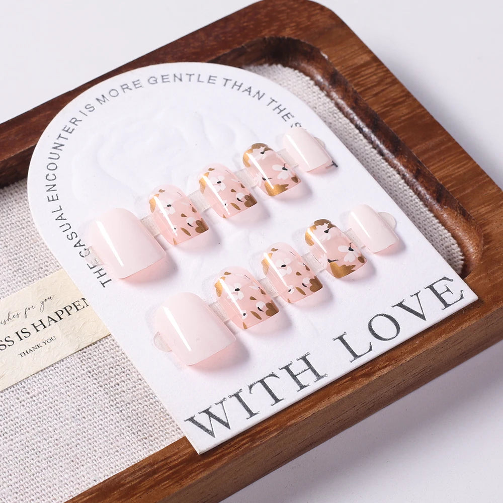 Square Head Flower Design Fake Nail Tips Acrylic Floral Wearable Ballet False Nail Artificial Full Cover Press on Nails
