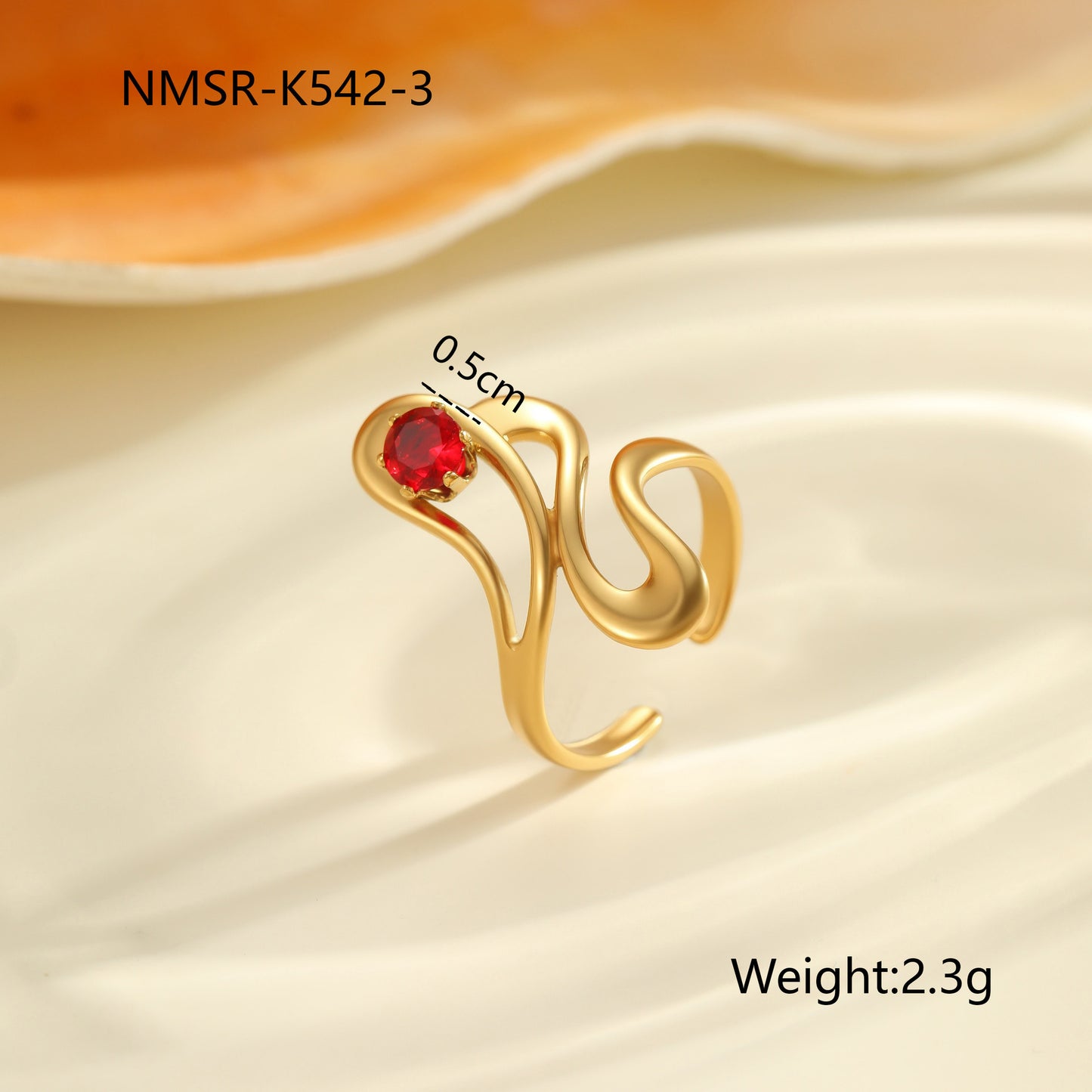 Red Zircon Ring - Titanium Steel Open-end Bold Geometric Design