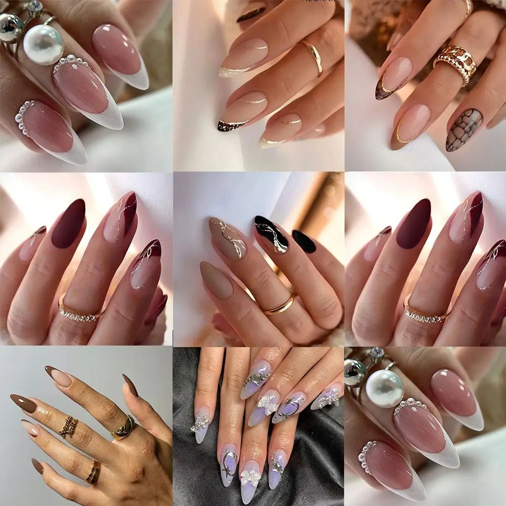 24Pcs Long Almond False Nails Various Styles French Press On Nails Newest Fake Nails DIY Manicure Detachable Nail Tips