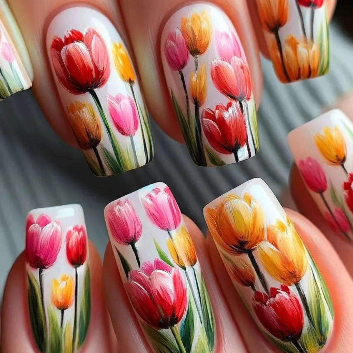 24Pcs Mid-length Ballet False Nails Press on Nails Spring Flowers Fresh Design Fake Nails with Glue Wearable Acrylic Nail Tips