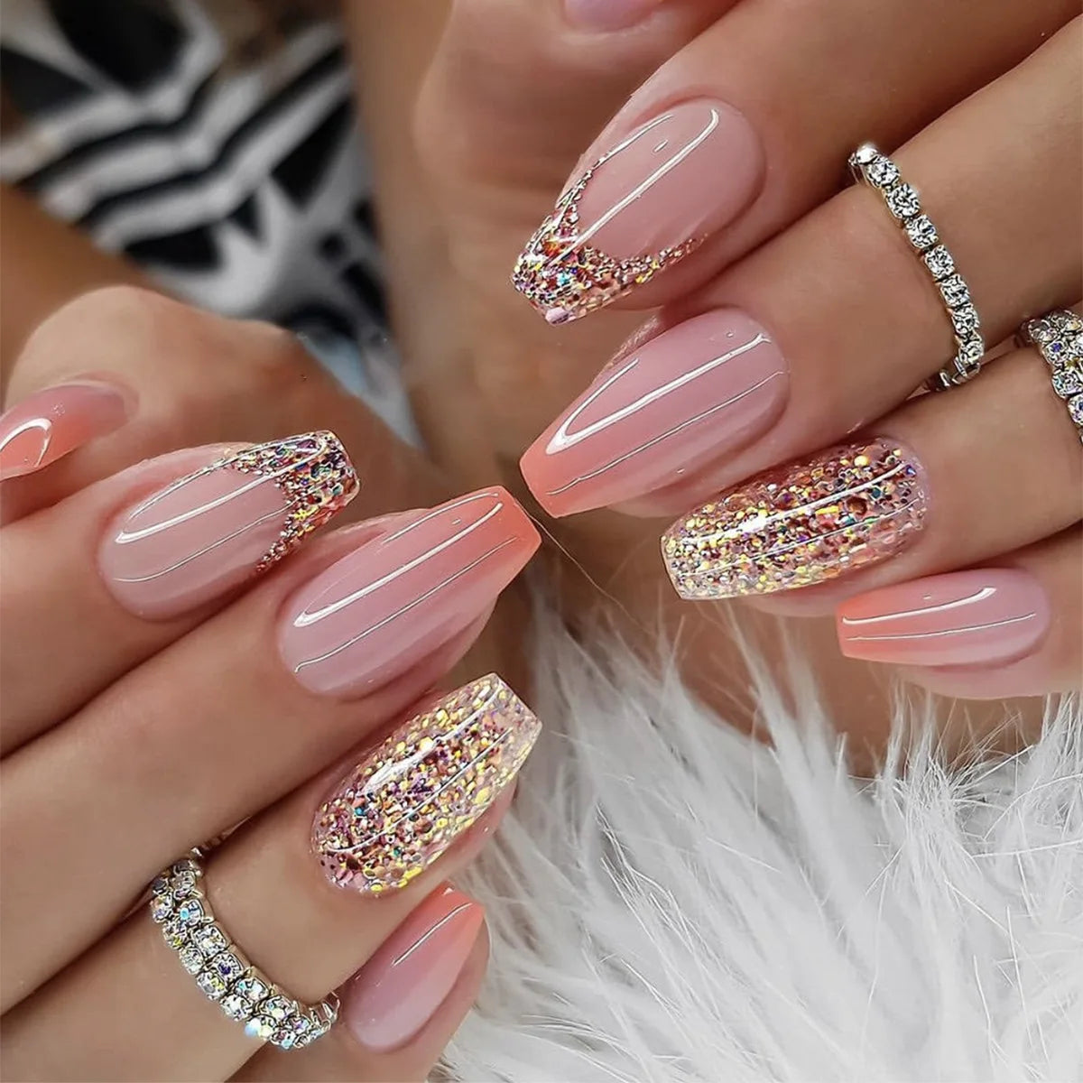 Nails with Rhinestone Sweet Cool Ballet Press on Nails Full Cover Acrylic Manicure Tips