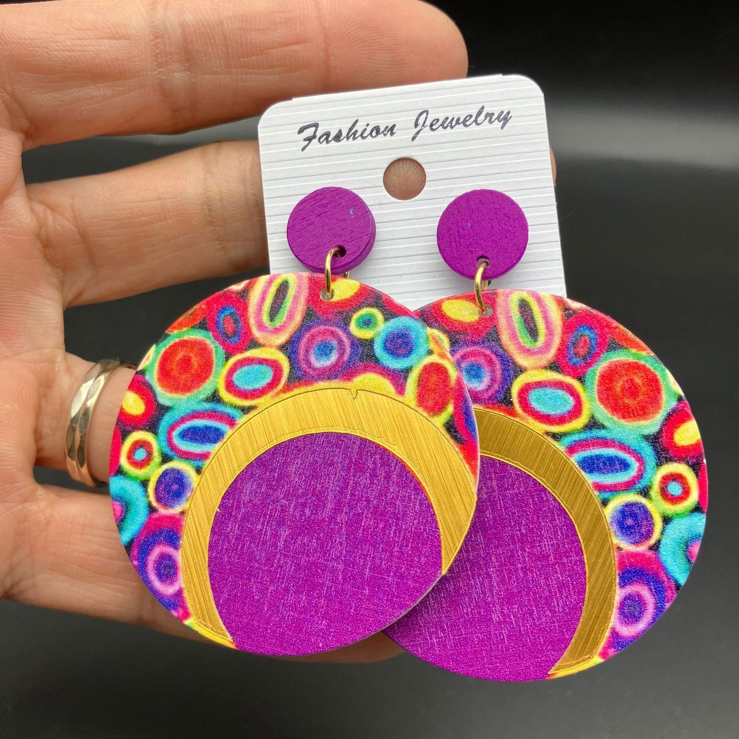 Wooden Printed Round Color Large Earrings