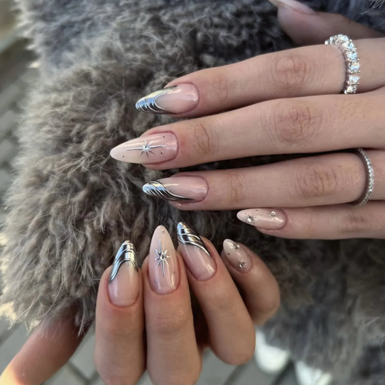 3D Silver Metallic Style French Rhinestone Stars Nail Art Y2K Fashion False Nails Detachable Finished Fake Nails Press on Nails