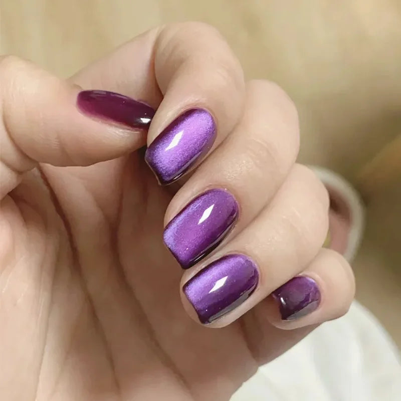 24Pcs Short False Nails Press on Nails Solid Color Cat Eye Design with Jelly Glue Square False Nail Wearable Acrylic Manicure