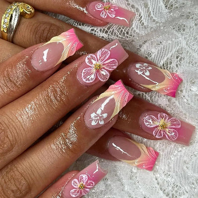 Sweet Medium Square False Nails with Glue Blush Pink Flowers Fake Nails Press on Nails