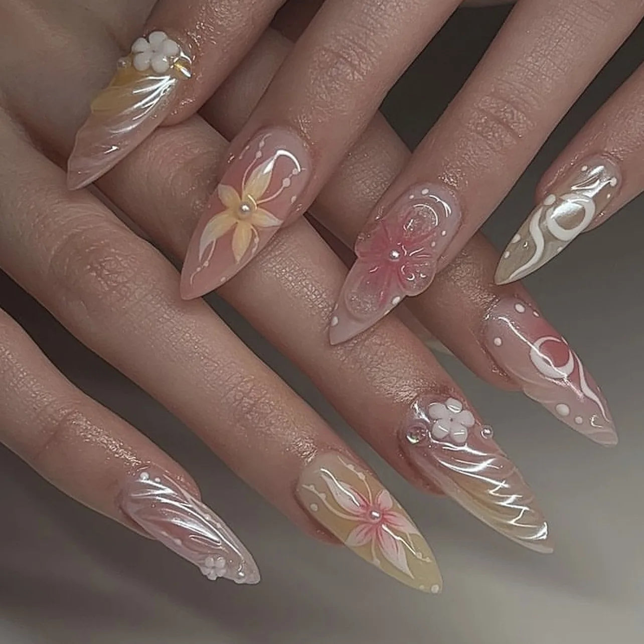 24pcs New Alligator Print False Nails Pink French Style 3D Flower Decor Press On Nail Glitter Gold Powder Designs Fake Nails