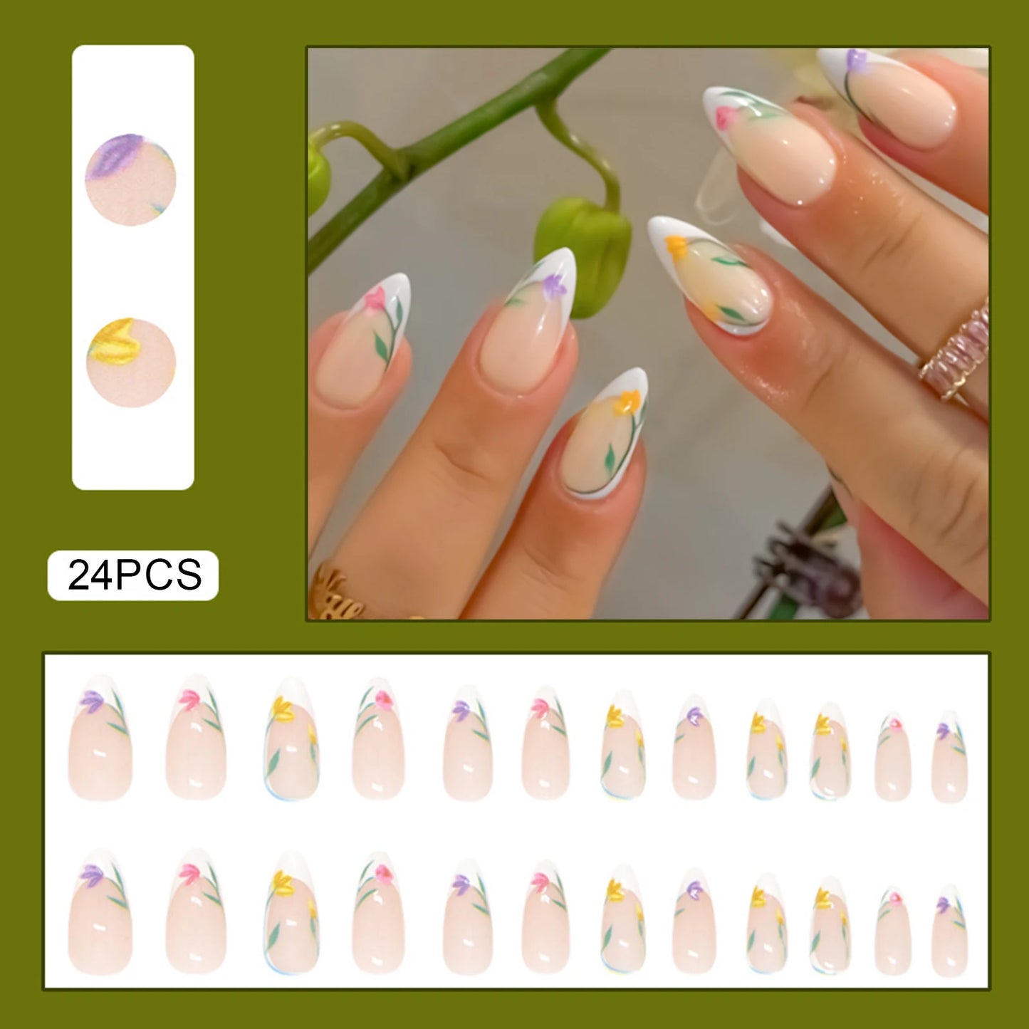 24pcs Gold Leaf Flowers Fake Nails Press On Nails With Black Gradient Design Almond Glitter Reusable Adhesive False Nails Decor