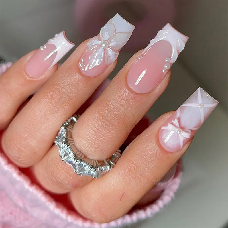 24Pcs Nude Color Fake Nails White French Tips Almond Press On Nails Flower Designs Korean Style DIY Manicure Artificial Nails