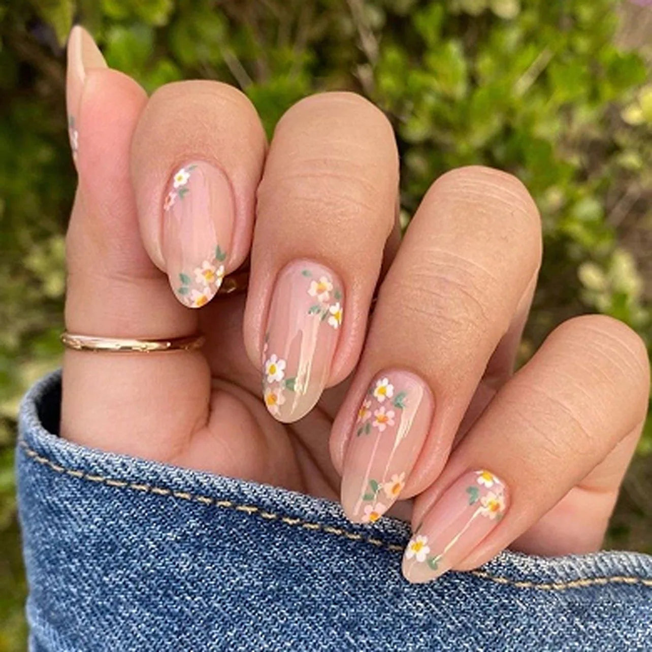 Flowers Gold Glitter Powder Edge White French Nail Art Fashion Wearable Fake Nail Detachable Finished False Nails Press on Nails