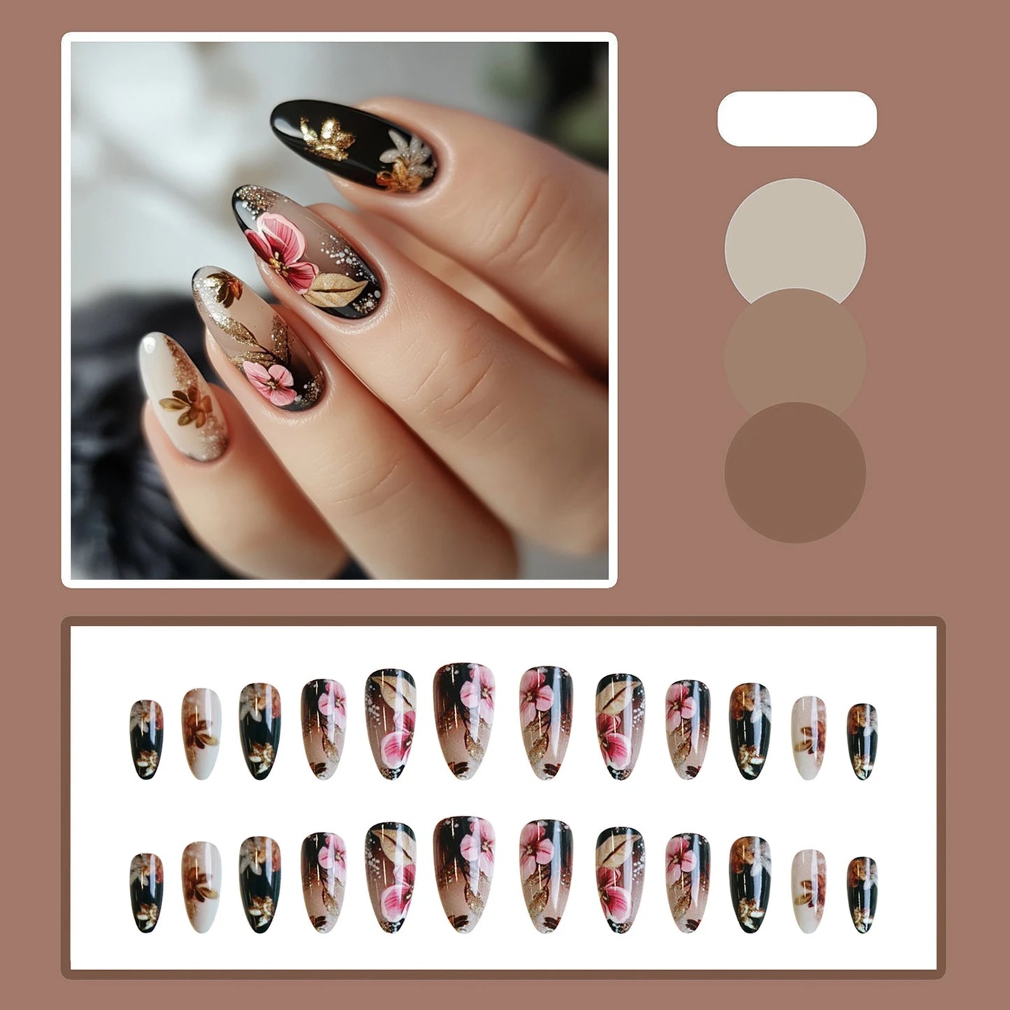 24pcs Gold Leaf Flowers Fake Nails Press On Nails With Black Gradient Design Almond Glitter Reusable Adhesive False Nails Decor