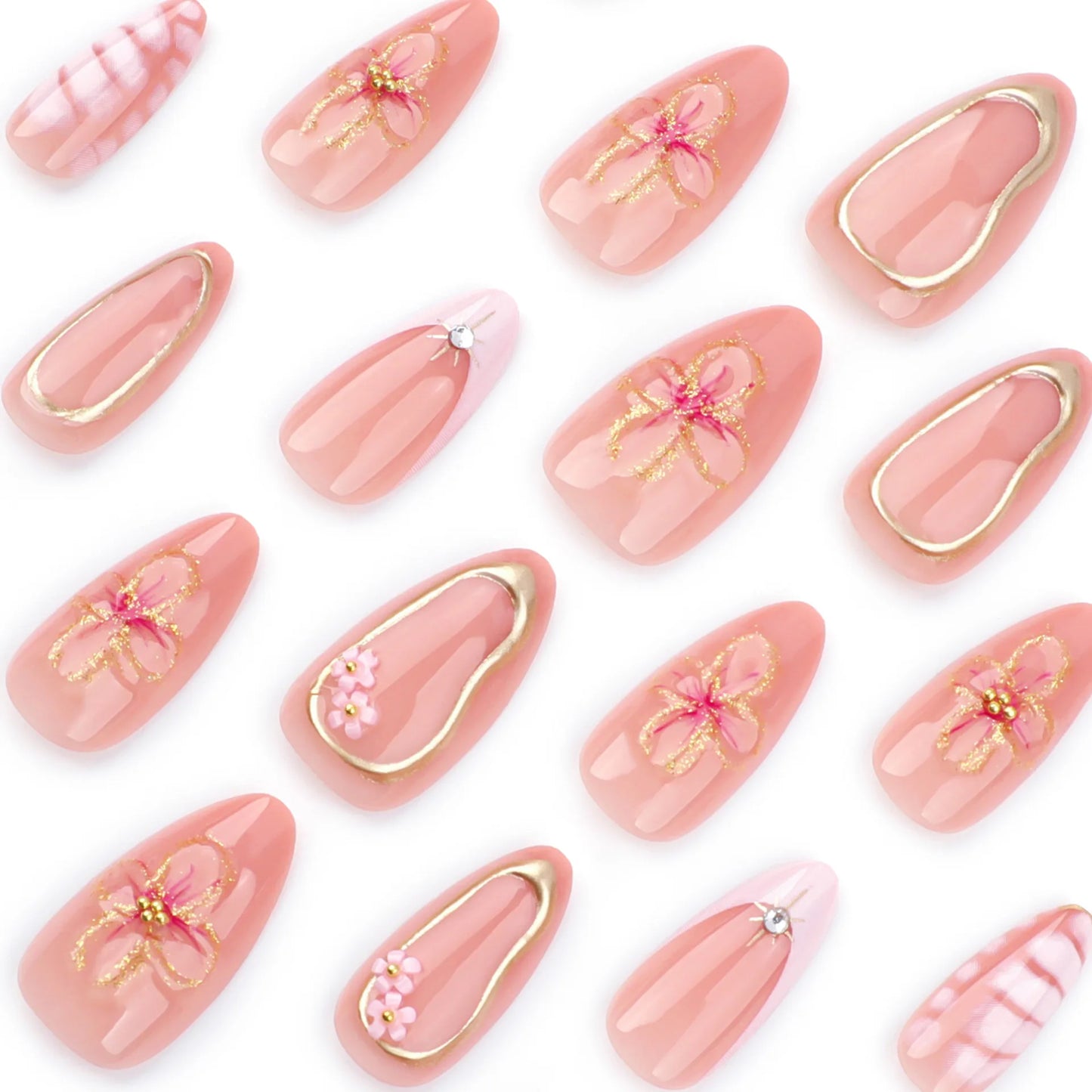 24pcs New Alligator Print False Nails Pink French Style 3D Flower Decor Press On Nail Glitter Gold Powder Designs Fake Nails