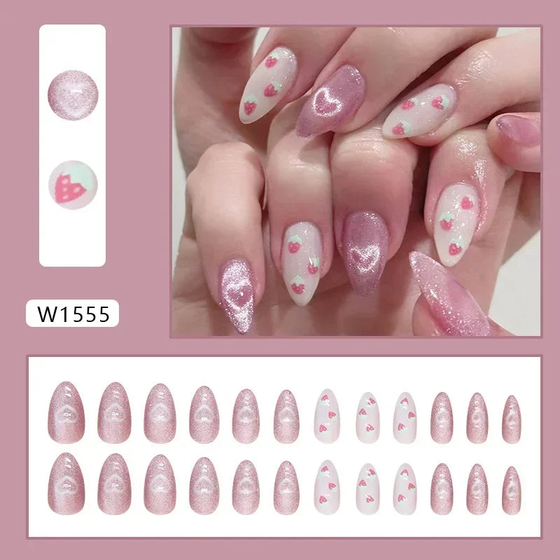 24Pcs Almond-Shaped Press-On Nails With Cute Strawberry Heart Design Medium Length Pearlescent Finish Mixed Shades False Nails