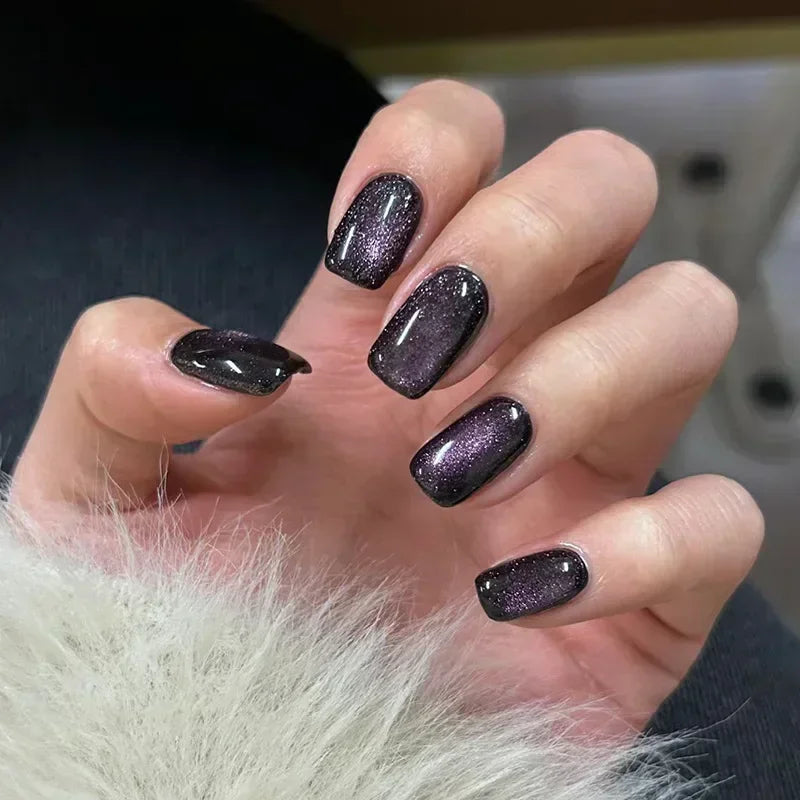Purple Cat Eye Fake Nails Square Head French Ballet Nails Short Press on Nails
