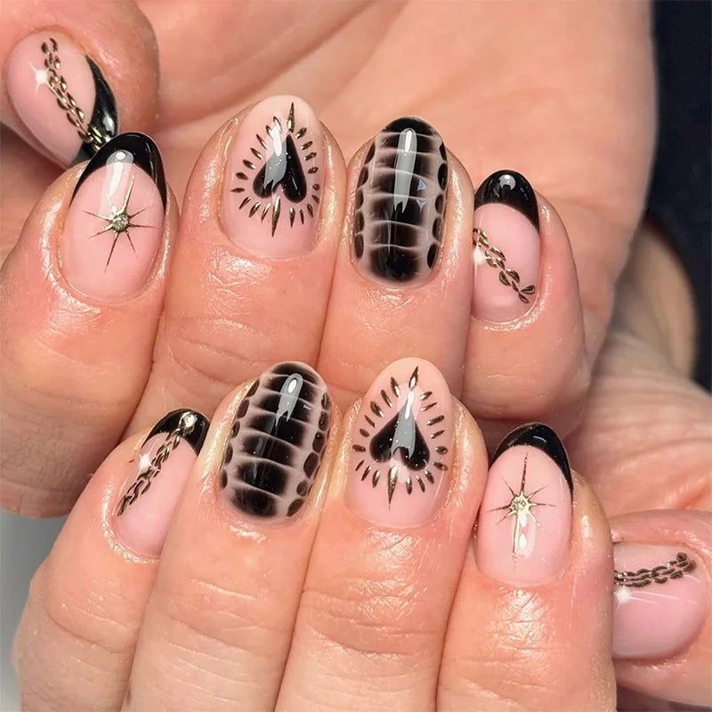 24Pcs Short French Almond Press on Fake Nails with Red Apple Design False Nail Art Wearable Oval Rhinestone Full Cover Nail Tip