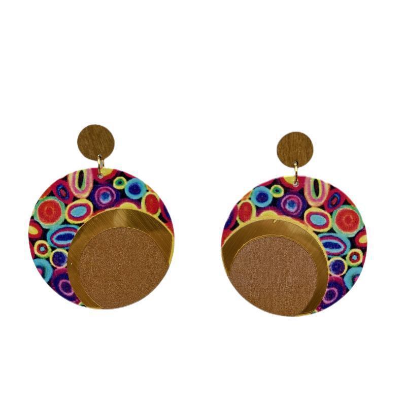 Wooden Printed Round Color Large Earrings