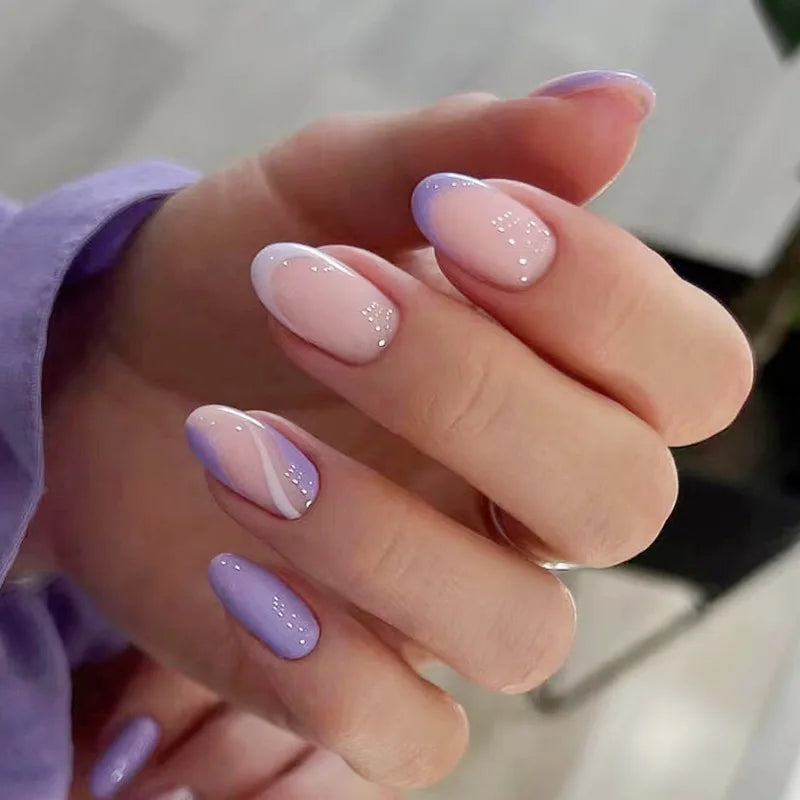24pcs Glitter Short Almond False Nails Pink Aurora Ellipse Fake Nails Press on Nails DIY Manicure Detachable Full Cover Nail Tip