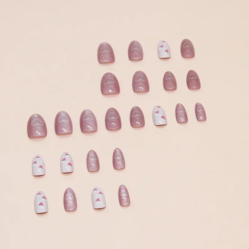 24Pcs Almond-Shaped Press-On Nails With Cute Strawberry Heart Design Medium Length Pearlescent Finish Mixed Shades False Nails