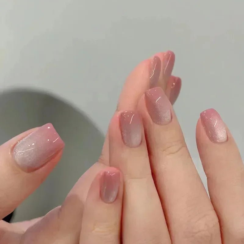 Purple Cat Eye Fake Nails Square Head French Ballet Nails Short Press on Nails