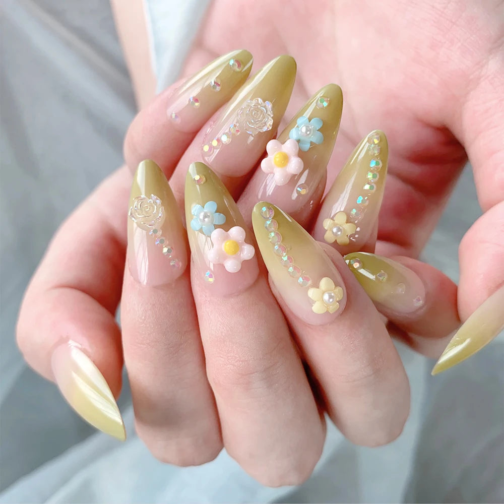 24Pcs/set 3D French Green Gradient Press on Nails Long Alomnd Reusable Adhesive False Nails Artifical Acrylic Full Cover Nail Ti