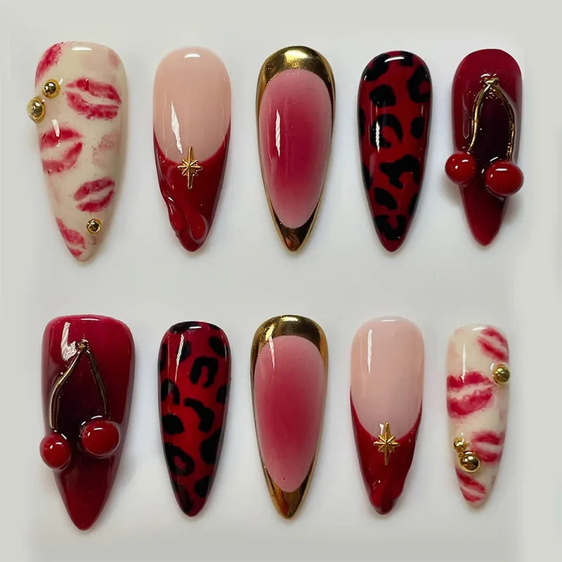 24pcs Wearable False Nail Strawberry Bow Design Nails Tips Red Short Almond Pearl Starlight Fake Nail Art Flower Press on Nails