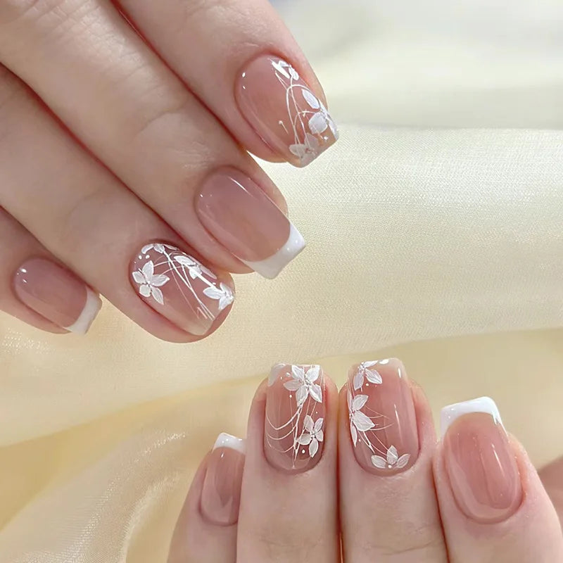 24pcs New Alligator Print False Nails Pink French Style 3D Flower Decor Press On Nail Glitter Gold Powder Designs Fake Nails