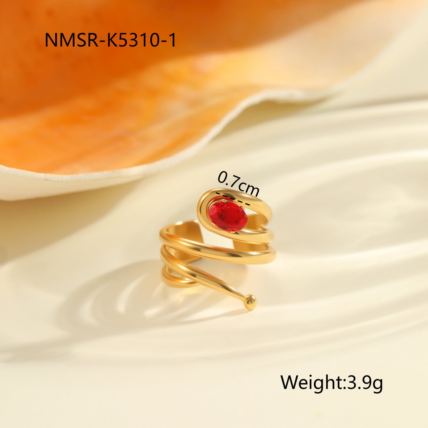 Red Zircon Ring - Titanium Steel Open-end Bold Geometric Design