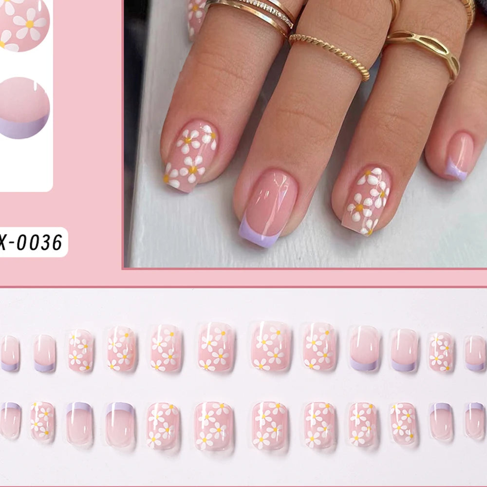 Square Head Flower Design Fake Nail Tips Acrylic Floral Wearable Ballet False Nail Artificial Full Cover Press on Nails
