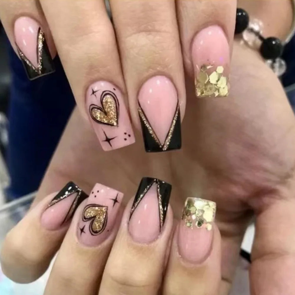 24Pcs Short French Wearable Fake Nails with Glue Simple Stripe Nail Art Full Cover Ballerina Fashion Press on Nail Manicure Tips