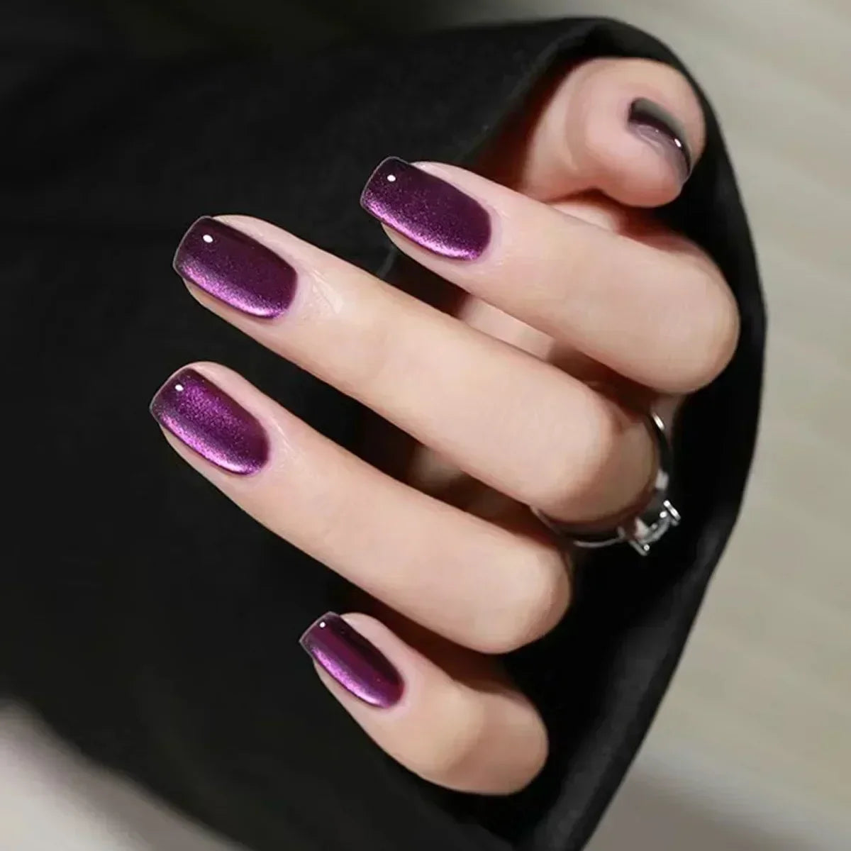 Purple Cat Eye Fake Nails Square Head French Ballet Nails Short Press on Nails