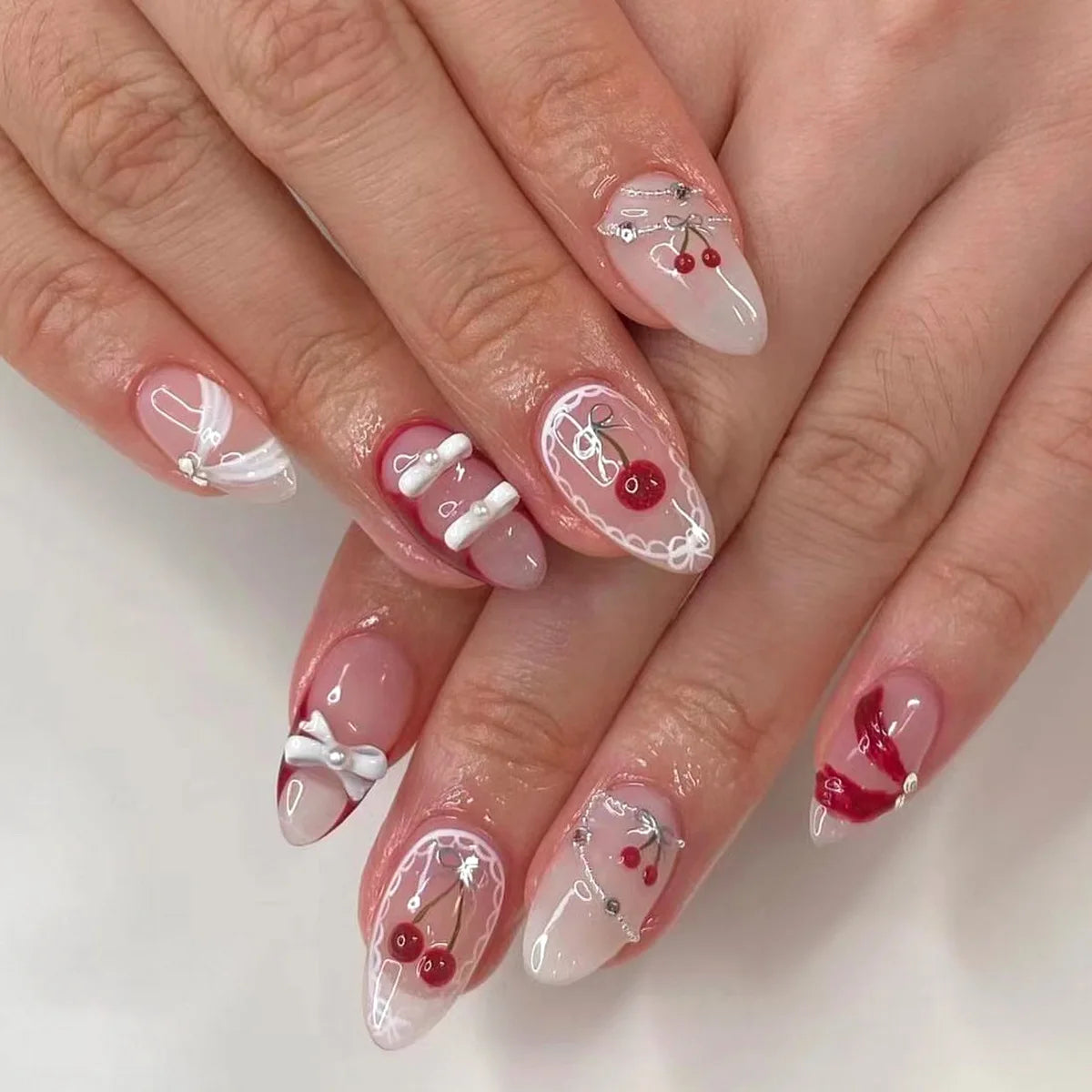 Lovely Cherry Solid Color Red Nail Art White French Simple Fake Nails Detachable Finished False Nails Press on Nails with Glue
