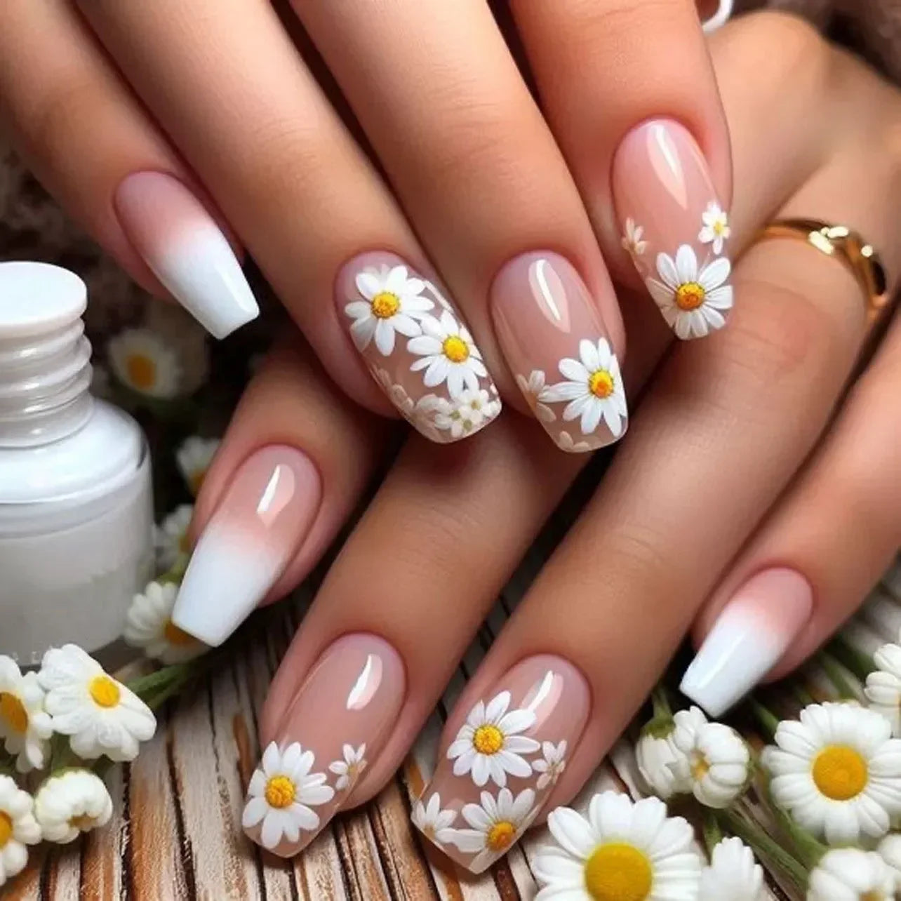 Flowers Gold Glitter Powder Edge White French Nail Art Fashion Wearable Fake Nail Detachable Finished False Nails Press on Nails