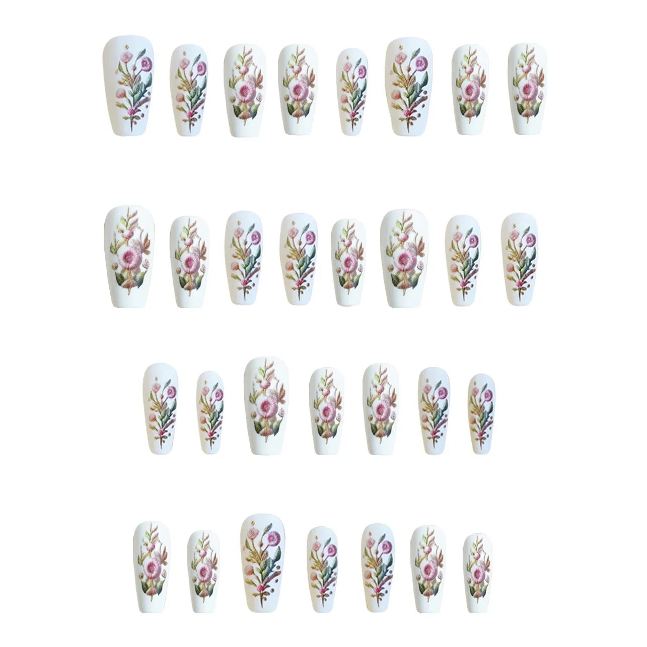 24Pcs Mid-length Ballet False Nails Press on Nails Spring Flowers Fresh Design Fake Nails with Glue Wearable Acrylic Nail Tips