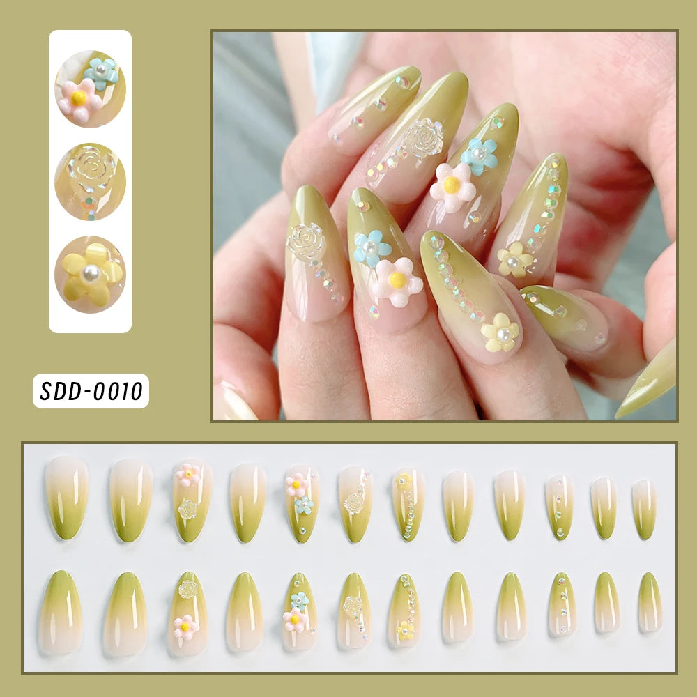 24Pcs/set 3D French Green Gradient Press on Nails Long Alomnd Reusable Adhesive False Nails Artifical Acrylic Full Cover Nail Ti
