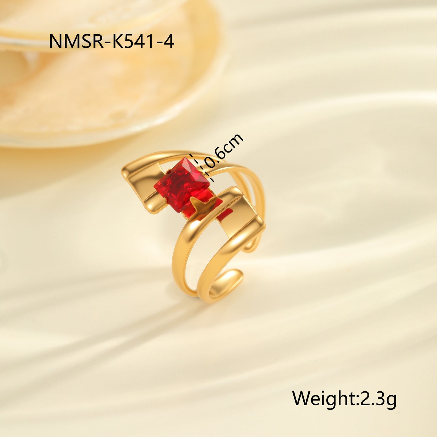 Red Zircon Ring - Titanium Steel Open-end Bold Geometric Design