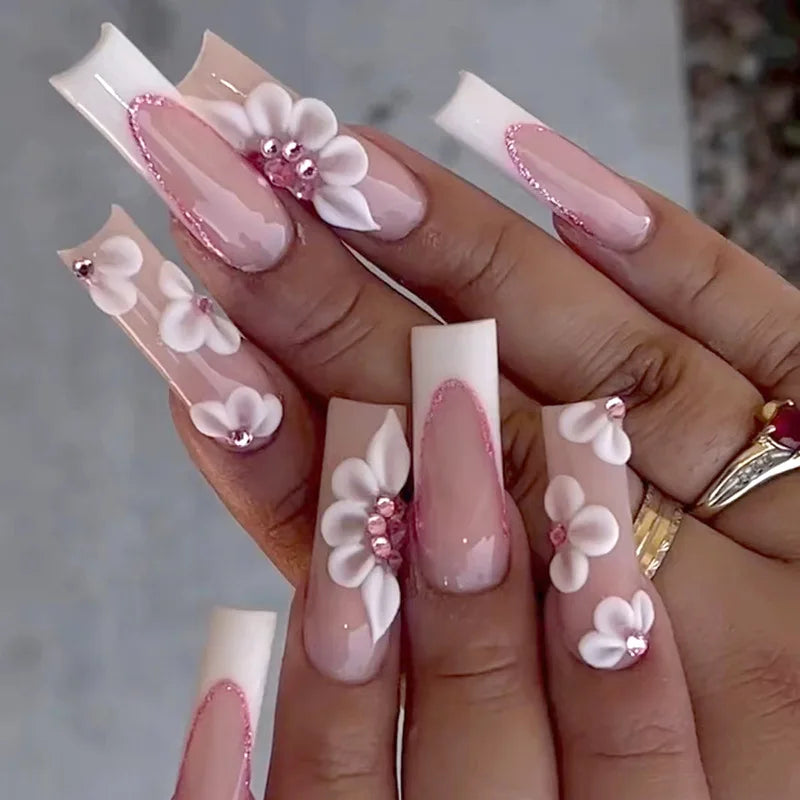 Sweet Medium Square False Nails with Glue Blush Pink Flowers Fake Nails Press on Nails