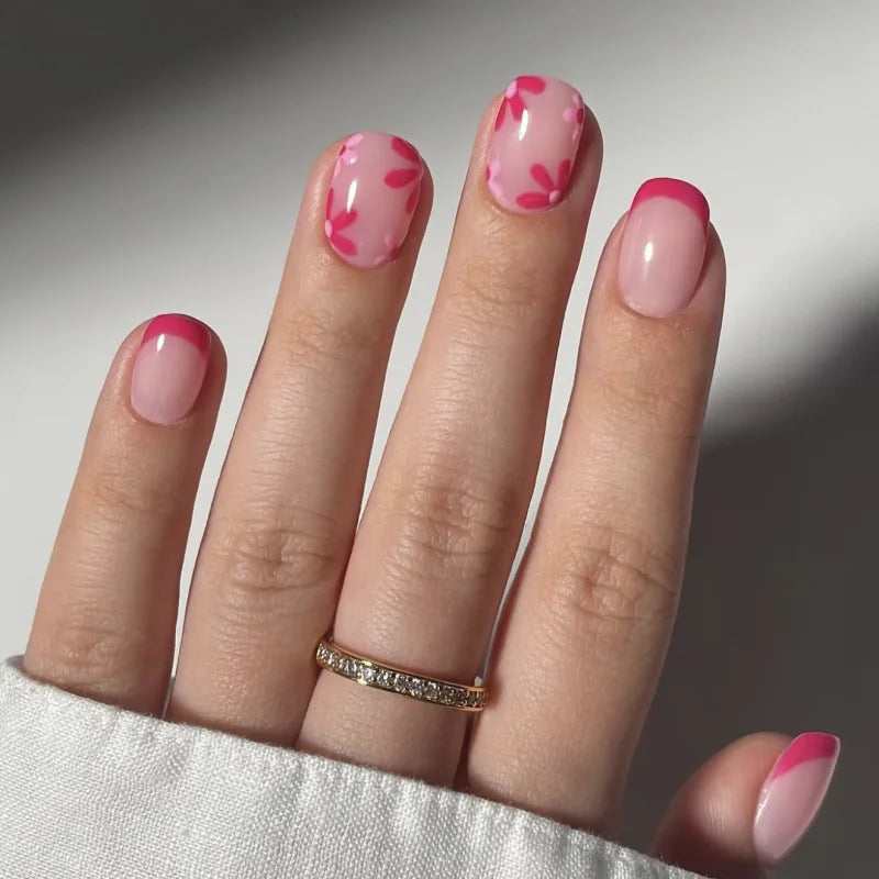 Flowers Gold Glitter Powder Edge White French Nail Art Fashion Wearable Fake Nail Detachable Finished False Nails Press on Nails