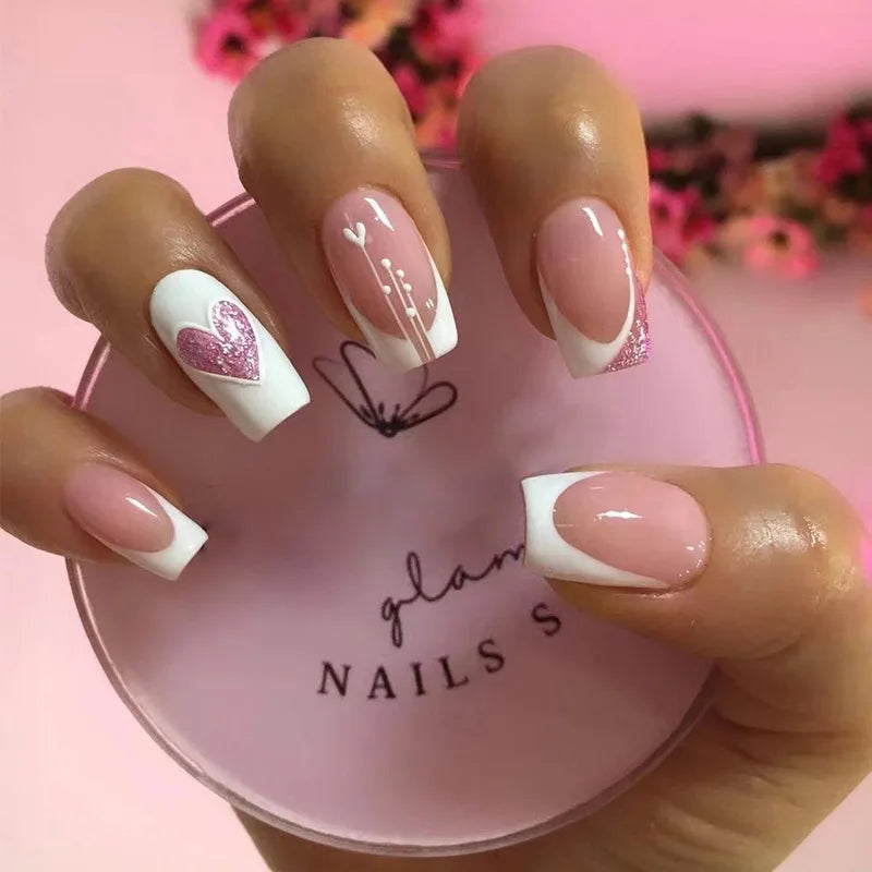 24Pcs Short French Wearable Fake Nails with Glue Simple Stripe Nail Art Full Cover Ballerina Fashion Press on Nail Manicure Tips