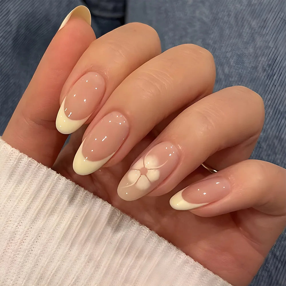 24pcs Bow False Nails Sets Press on Pink French Valentine’s Day Long Almond Nails Art Reusable Love Rhinestone Design Fake Nail