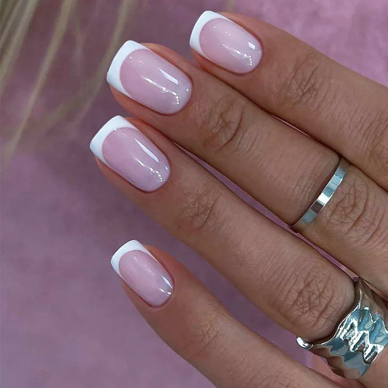 Naked Pink French White Side False Nails Short Simple Nail Beauty Press on Nails